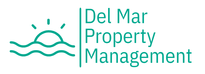 a green background with the words del mar property management and a blue sea logo